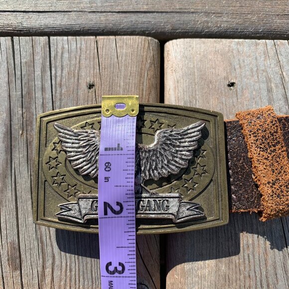 Vintage Y2K Distressed Brown Leather Brass Silver Eagle Buckle Waist Belt - Picture 16 of 16